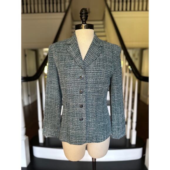Y2K Blue Wool Tweed Blazer Professional Career Office Church Fall Winter Modest - Picture 2 of 11